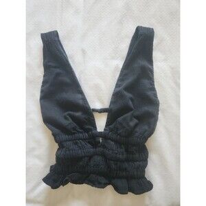 Blanco By Nature Black Gauze Plunge Crop Top | Coastal Boho Resortwear Medium